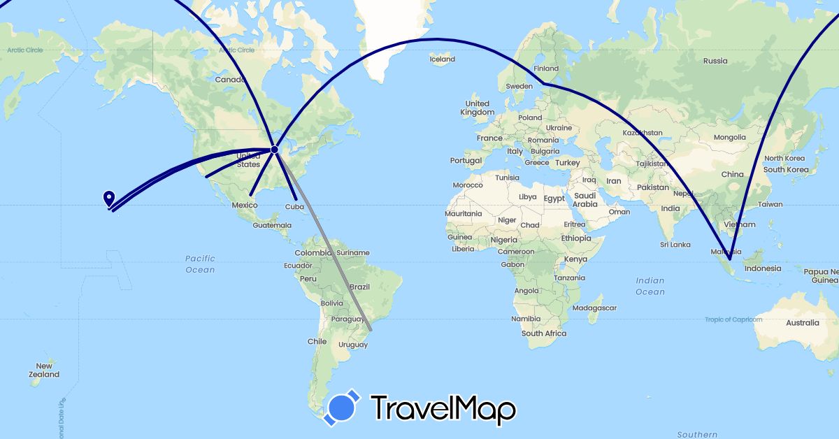 TravelMap itinerary: driving, plane in Brazil, Finland, Mexico, Singapore, United States (Asia, Europe, North America, South America)